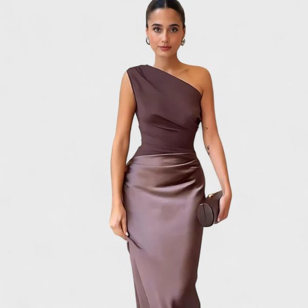 BURSZTYN | Długa Sukienka na Jedno Ramię